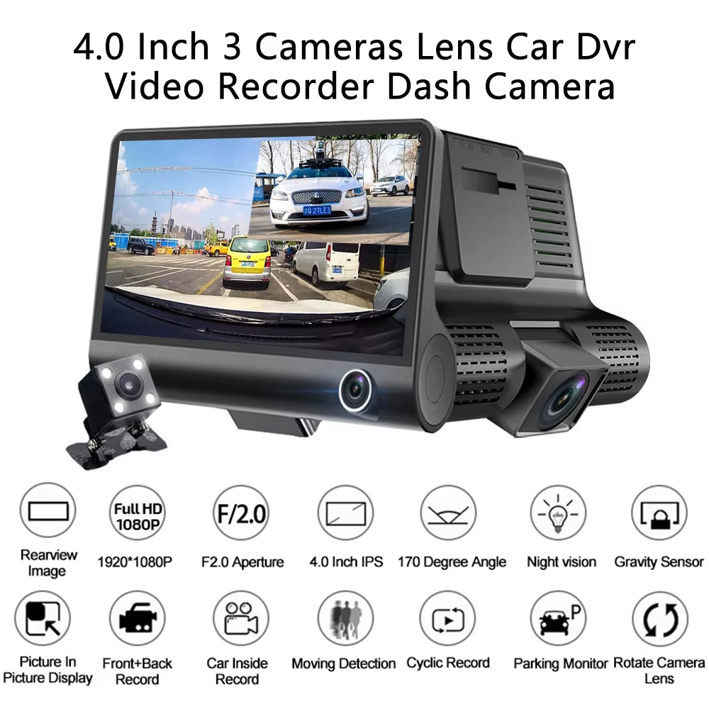 3-Camera Dash Cam with Front, Rear & Cabin Recording